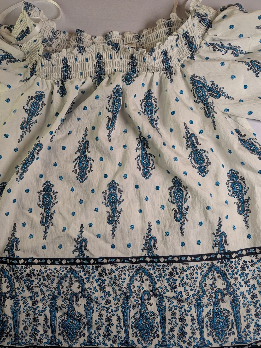 LOFT White Off-Shoulder Top with Blue Paisley Print